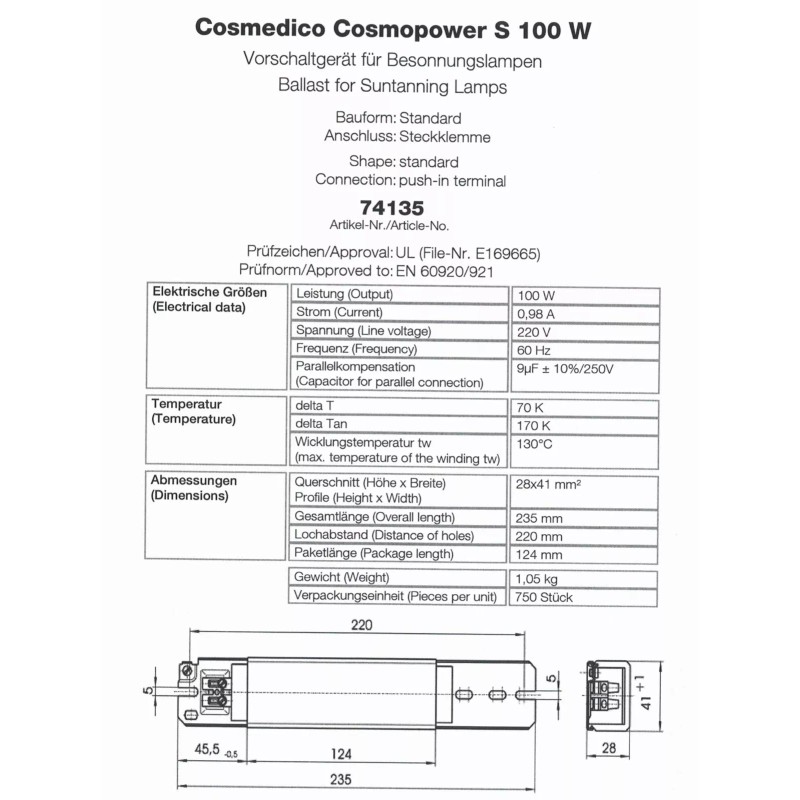 CosmoPower 100W Long Choke Tanning Bed Ballast 220V 60Hz #74135