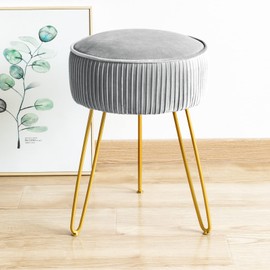 LUE BONA Pleated Vanity Stool, Velvet Upholstered Vanity Stool for Makeup Room, Round Mondern Stool for Vanity, Ottoman Footrest Stool with Metal Legs for Living Room, Bedroom, Light Gray