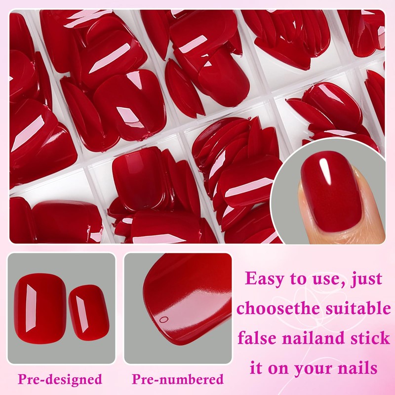 240PC Extra Short Press on Nail Square Red Fake Nails