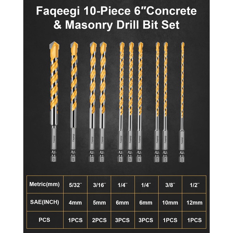 Faqeegi 10PCS 6-Inch Masonry Drill Bit Set, YG10X Carbide Tipped,