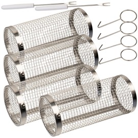 Rosenstein & Söhne Fish Grill Basket: Set of 4 Stainless Steel Stackable Grill Baskets with Hooks and Skewers (Multi-function BBQ Basket, Oven Baking Cage, BBQ Skewers)