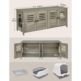 DINZI LVJ Litter Box Enclosure for 2 Cats, Hidden Litter Box Furniture with Double Rooms, Dual Cat Litter House with Louvered Front Doors, 47.2" Hidden Cat Washroom, Wooden Cat Cabinet, Gray Wash