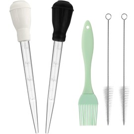 Nylon Heat-resistant Turkey Baster Cooking Set Includes Meat Baster, 1 Silicone Basting Brush and 2 Cleaning Brush for BBQ Grill Baking Kitchen Cooking (Black White, 5 Pieces)