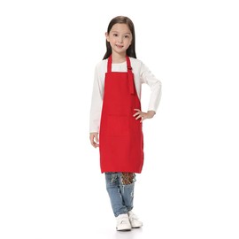 TopTie Kids Aprons with Pocket & Adjustable Strap, Child Chef Bib Apron for Kitchen Cooking Baking Painting-Red-XL