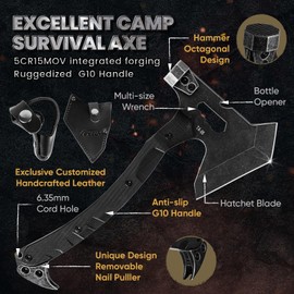 RXLUY Tactical Axe with G10 Handle Camping Survival Hatchet, Multifunctional Hiking Outdoor Heavy Duty Full Tang Tomahawk Tools with Hammer, Unique Design Crowbar, Leather Sheath (Black)