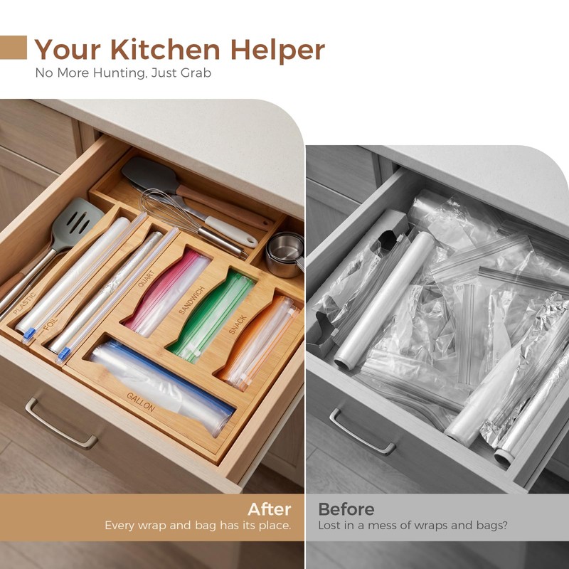 6 in 1 Storage Bag Organizer Kitchen Drawer, Bamboo Foil