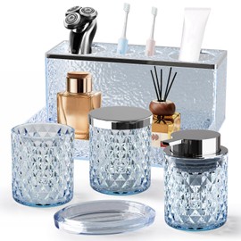 Glass Bathroom Accessories Set 5Pcs Crystal - Blue Foaming Soap Dispenser, Soap Dish, Cup, Acrylic Toothbrush Holder with Tray Organizer, Qtip Jar, Bathroom Counter Set Sink Decor