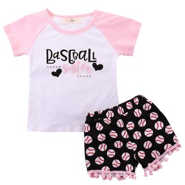 BOIZONTY Toddler Baby Girl Summer Outfits Baseball Sister Print T-Shirts Tops + Tassel Shorts Two Piece Clothes Set
