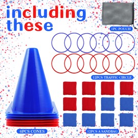 30 Pcs 3 in 1 Carnival Games Set 4th of July Ring Toss Games for Kids Soft Plastic Cones Bean Bags Combo Games Set Independence's Day Gifts for Indoor Outdoor Party Games Supplies