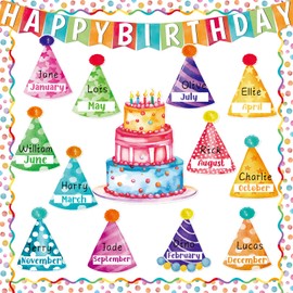 Happy Birthday Bulletin Board Set Colorful Birthday Hat Calendar Cutouts Candle Name Tags Decoration for Wall Chalkboard Preschool Classroom Decor Teacher Back to School Supplies