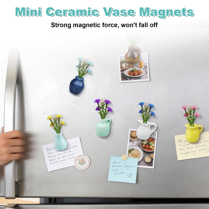 Mini Ceramic Vase Magnets for Fridge: 8-Pack Cute Tiny Magnetic,