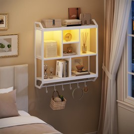 HOOBRO Gaming Floating Shelves with LED Lights, 28.7" LED Wall Mounted Shelf, 3-Tier Display Rack for Wall Storage, Floating Rack with Hanging Rod and 6 S-Hooks, for Gaming Room, White WT70DBJ01