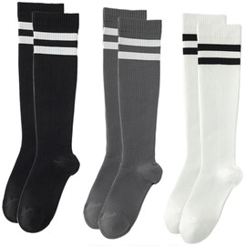 Dress Cici Cotton Compression Socks with Thick Stripes Around Top Band, Athletic Sports Knee High Long Socks for Women (3 Pairs: Black+Grey+White)