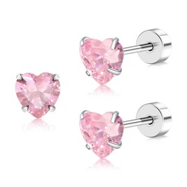 FACOKO Flat Back Earrings for Women, Cubic Zirconia Heart Earring, Titanium CZ Screw Back Stud, Stone Flat Back Studs for Multiple Piercings, Flatback Sensitive Ears (Pink Heart CZ-5MM)