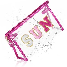 COSHAYSOO Sunscreen Bag Clear Makeup Toiletry Pouch Small for Women Teen Girls Beach Bogg Bags Accessories Face Sunscreens Spf 50 Sunblock Suncream Tan Tanning Lotion Summer Things Essentials Pink SUN