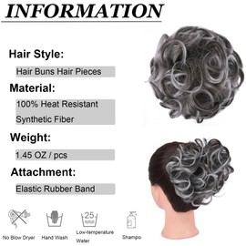 GIRLSHOW - (Gris con puntas marrones naturales, 113), moños elásticos ondulados y rizados, extensiones de pelo arrugado, envoltorios de cola de caballo, moños despeinados para mujeres y niñas (puntas negras naturales, gris, 113)