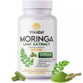 YOKABA Moringa Oleifera Leaf Powder Capsules – 500mg Natural Superfood Supplement – 250 Vegan Capsules