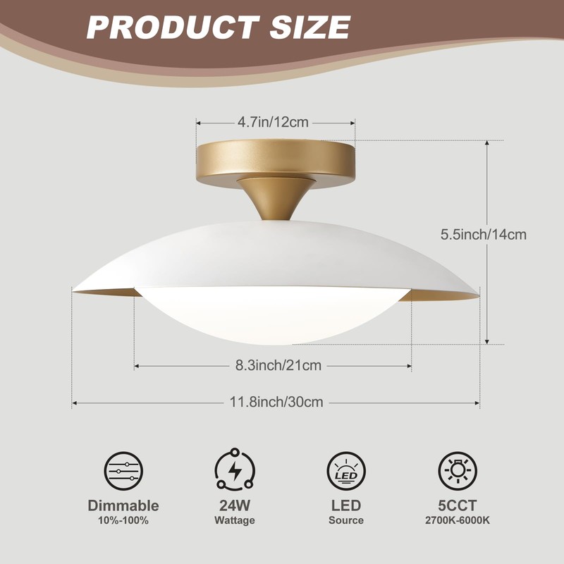 YURNYQ Dimmable White and Gold Flush Mount Ceiling Light Modern