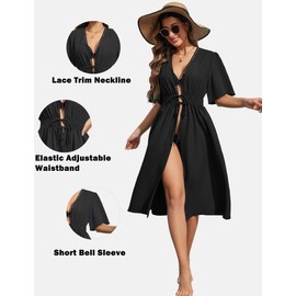 Ekouaer Women's Kimono Swimwear Open Front Cover Up 2024 Casual Loose Bathing Suit V-Neck Beachwear Black S
