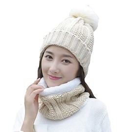 Winter Knitted Beanies Hats Women Thick Warm Beanie Skullies Hat Female Knit Letter Bonnet Beanie Caps Scarf Outdoor Riding Sets (Beige)