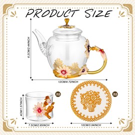 7 Pcs Floral Tea Pot Sets for Women, Vintage Flower Tea Set with Gift Box and Coasters for Kitchen Family Gathering Home, Fancy Glass Tea Kettle Set for Women Mom
