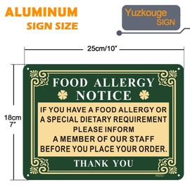 Yuzkouge Food Allergy Notice Sign - 2 Pack, 25 x 18 cm Rust Free Aluminum Food Allergy Warning For Business Restaurant, Weatherproof, Fade Resistant, Easy Mounting.