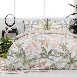 Sleepdown Tropical Leaves Floral Natural Reversible Duvet Cover Quilt Tassel Pillow Case Bedding Set Soft Easy Care - Single (135cm x 200cm)