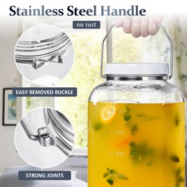 Folinstall 2 Gallon Large Glass Jar with Lid, Wide Mouth Storage Jars with Stainless Handle, Extra Big Glass Container with 2 Scale Mark for Storing Food, Kitchen Organization, 7400 ML/250 OZ