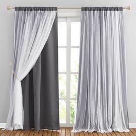 PONY DANCE Living Room Curtains - White Sheer Overlay Thermal Insulated Curtains Rod Pocket for Home Decoration with Tiebacks, W52 x L84 inch, Grey, 2 Pieces
