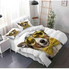 Leleyouzer Dog Bed Linen Set, Dog Pattern Bed Linen for Boys Girls Teenagers, 1 x Microfibre Duvet Cover with Zip and 2 x Pillowcases 50 x 75 cm (D4, 135 x 200 cm)