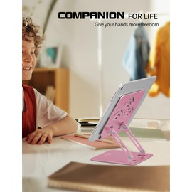 ToBeoneer Adjustable Tablet Stand for Desk, Premium Aluminum Holder for iPads, Tablets, Kindles, Switch, Phones, and All Devices up to 12 Inches. Portable and Foldable (Pink, Pro Size)