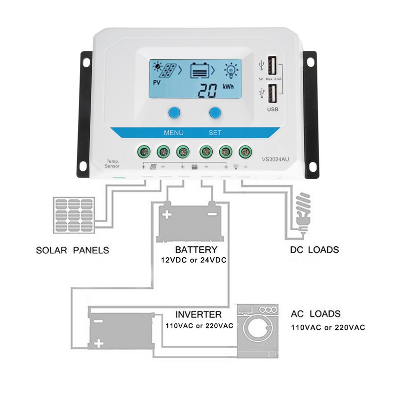 10A/20A/30A Solar Charge Controller 12V/24V Auto PWM Regulator LCD Display