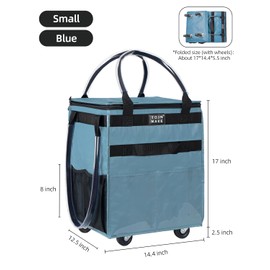 Reusable Grocery Bag On Wheels Shopping Trolley with 8 Pockets and Zipper Cover Foldable Rolling Tote, Heavy Duty Handles, Carries Up to 22 LBS (Small, Blue)