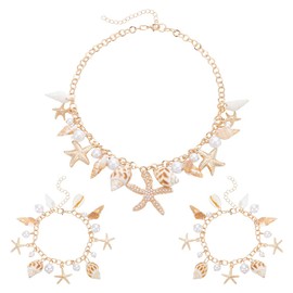 UNICRAFTALE Shell Starfish Necklace Bracelet Sets for Women 1Pc Shell Conch Statement Chunky Necklace 2Pcs Starfish Pearl Bracelet Golden Mermaid Costume Summer Beach Jewelry for Party