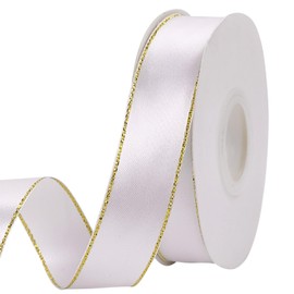 HFZRZFH 1 inch x 100 Yards Double-Sided White Satin Ribbon with Gold Trim – Premium Length for Extensive Gift Wrapping, Floral, and Wedding Decorations