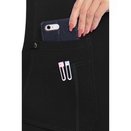 Med Couture V-Neck Scrub Top for Women with 4 Pockets, Rib-Knit Side Panel, and Shirttail Hem MC7459, Black, Small