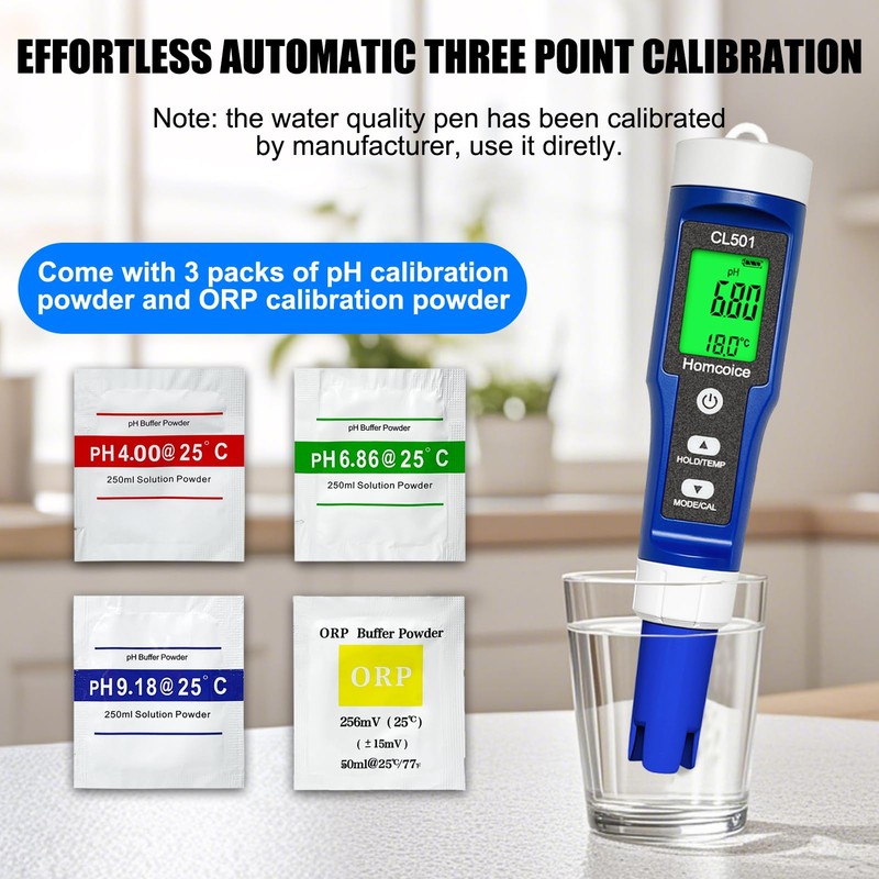 Homcoice pH Chlorine Meter Pool 5-in-1, pH Chlorine ORP H₂