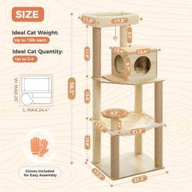UYMI Wooden Cat Tree, 56.3-Inch Modern Cat Tower for Indoor Cats Large Adult, Multi-Level Cat Condo with Large Hammock, Scratching Posts, Washable Removable Cushion & Non-Slip Jump Platforms, Beige
