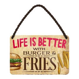 Life is Better with Burger & Fries Retro Decorative Hanging Sign with Cord and Suction Cup Decoration Kitchen Grill Corner Burger Shop 18 x 12 cm