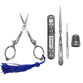 Sewing Scissors Set, European Vintage Sewing Tool Kit Embroidery Scissors and Case Alloy Awl Threader Thimble Needle Case Kit DIY Sewing Tools for Embroidery Cross Stitch Craft Accessories
