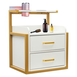 Giciashop Beauty Salon Station, Wall Mounted Barber Station with 2 Drawers, Open Tier, Hair Dryer Holder, Stylist Storage Cabinet for Spas, Barber Stores, Salons (Gold + White)