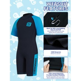 Kids Wetsuit for Boys Girls, 2mm Neoprene Shorty Swim Suit with Back Zip, Thermal & UV Protection, Stretch Panels for Easy Movement, Water Sports Beach Swimwear
