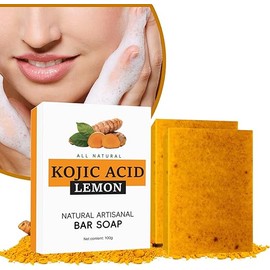 2PCS Jabón Turmeric Soap, Jabón De Ácido Kójico De Cúrcuma y Limón, Ingredientes naturales y orgánicos Limón Turmeric Kojic Soap, Iluminador y Hidratante, suave Turmeric Soap Bar para rostro y cuerpo