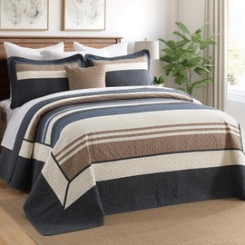 DDUOXIN Oversized King Bedspread - 120" W x120 L Extra Wide 100% Cotton Oversize Quilt, California Quilts with 2 Pillow Shams, Modern Stripe Lightweight Bedding Set, Dark Blue/Blue/Beige/Brown
