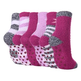 WOTENCE Non-Slip Socks Cuddly Socks for Women Fluffy Winter Socks Warm Slipper Socks 6 Pairs, 6 pairs purple