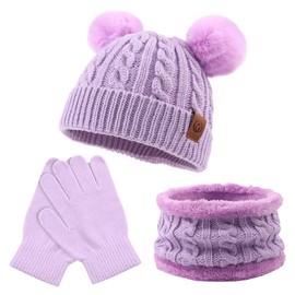 Zsedrut Kids Winter Beanie Hat Scarf Gloves Set Knit Warm Toddler Winter Cap Gloves Neck Warmer for Boys Girls 1-8 Year(Purple)