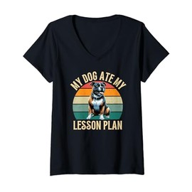 My Dog Ate My Lesson Plan Funny Retro Staffie Dog Owner V-Neck T-Shirt