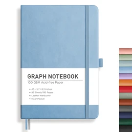 RETTACY Graph Grid Paper Notebook, 192 Pages, A5 Medium Size (5.7'' x 8.3''), 5 Squares per Inch, Leather Hardcover, 100 GSM Thick Paper, for School, Students, Math, Engineering (Light Blue)