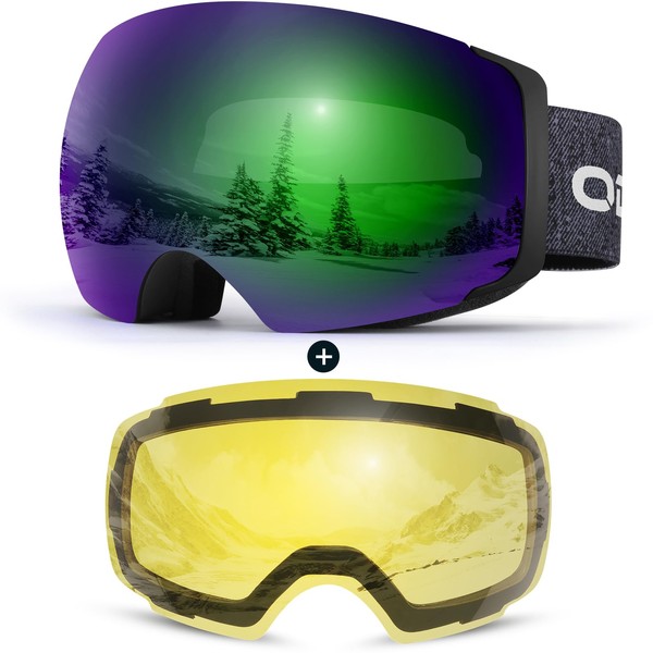 Odoland Ski Goggles for Men and Women Boys Frameless Snowboard Goggles with Magnetic Interchangeable Lens UV Protection Helmet Compatible for Skiing Black Green