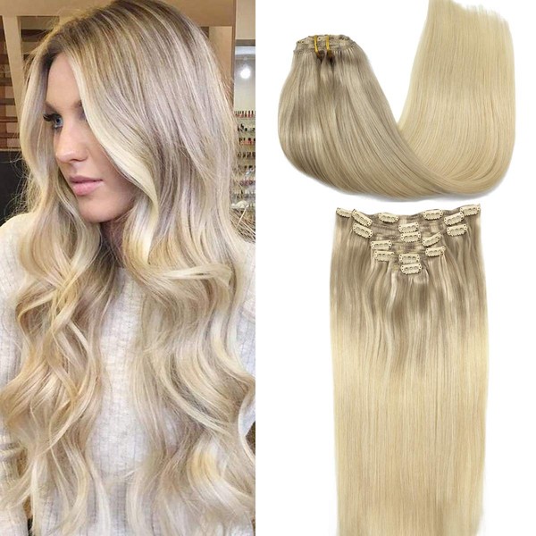 GOO GOO Human Hair Extensions Clip in Natural Ombre Ash Blonde to Golden Blonde and Platinum Blonde Remy Clip in Hair Extensions Straight Long 22 Inch 120g